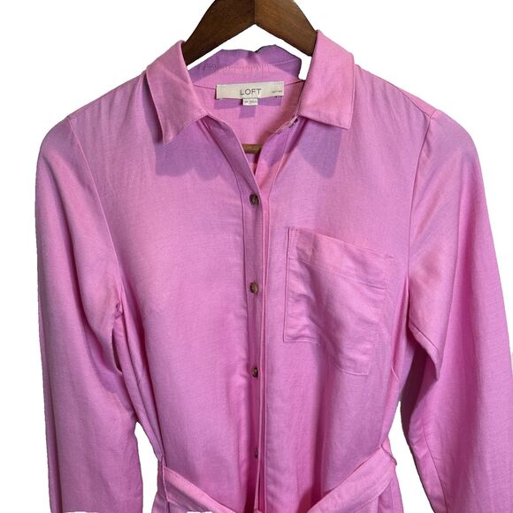 Loft Dress Pink Long Sleeve Belted Shirt Dress Linen Blend Women's Size 0 Petite - Picture 4 of 16